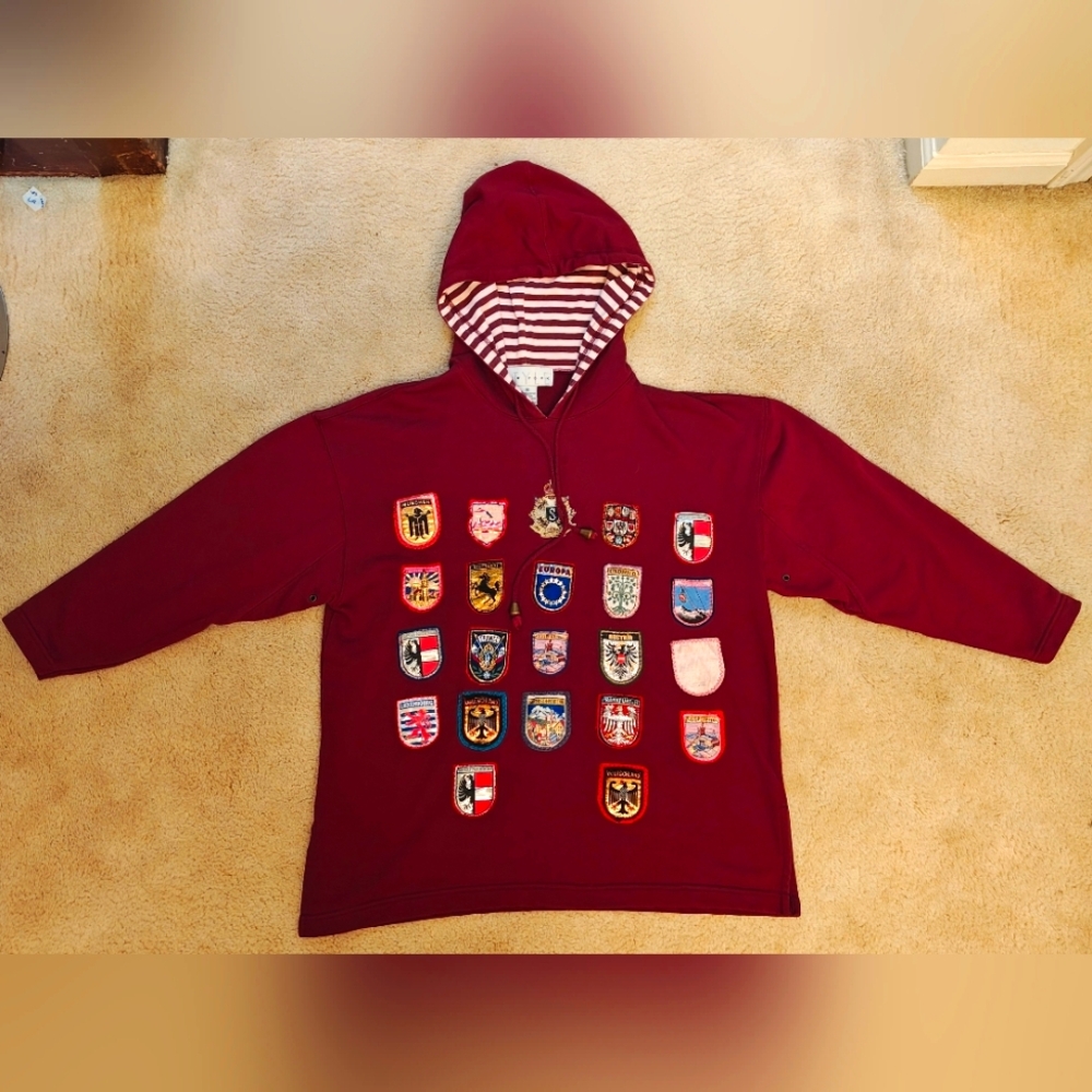 Y2K Style New York Burgundy w Embroidered Multi Country Travel Patches Hoodie